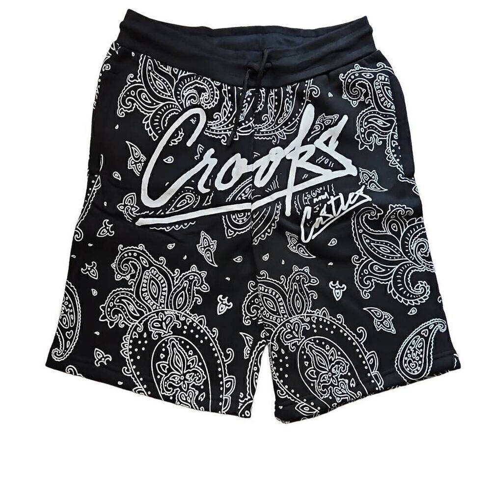 Crooks and Castles Men's Paisley Fleece Shorts Black White Medium